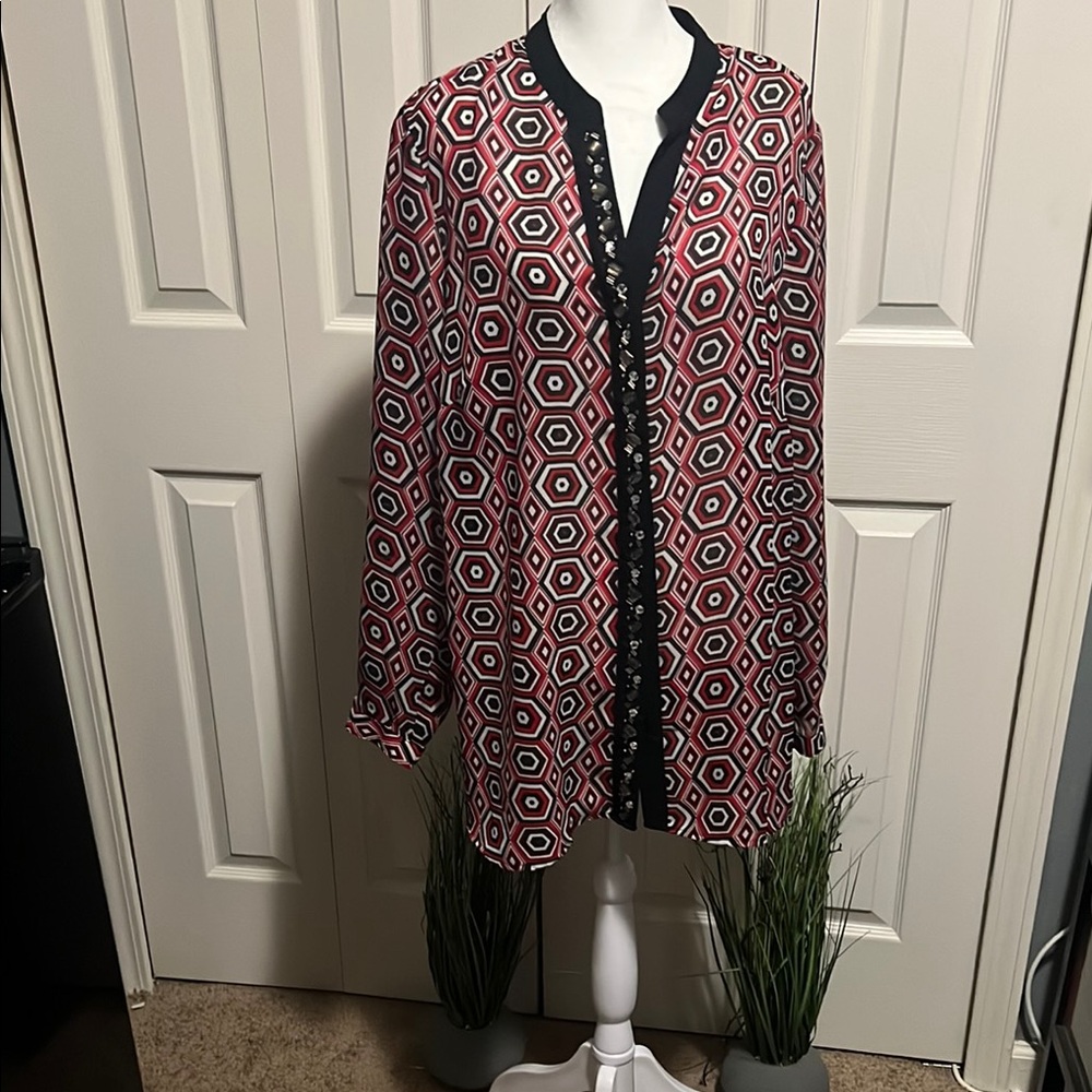 NY Collection Red and Black Long Sleeve Buttoned Blouse